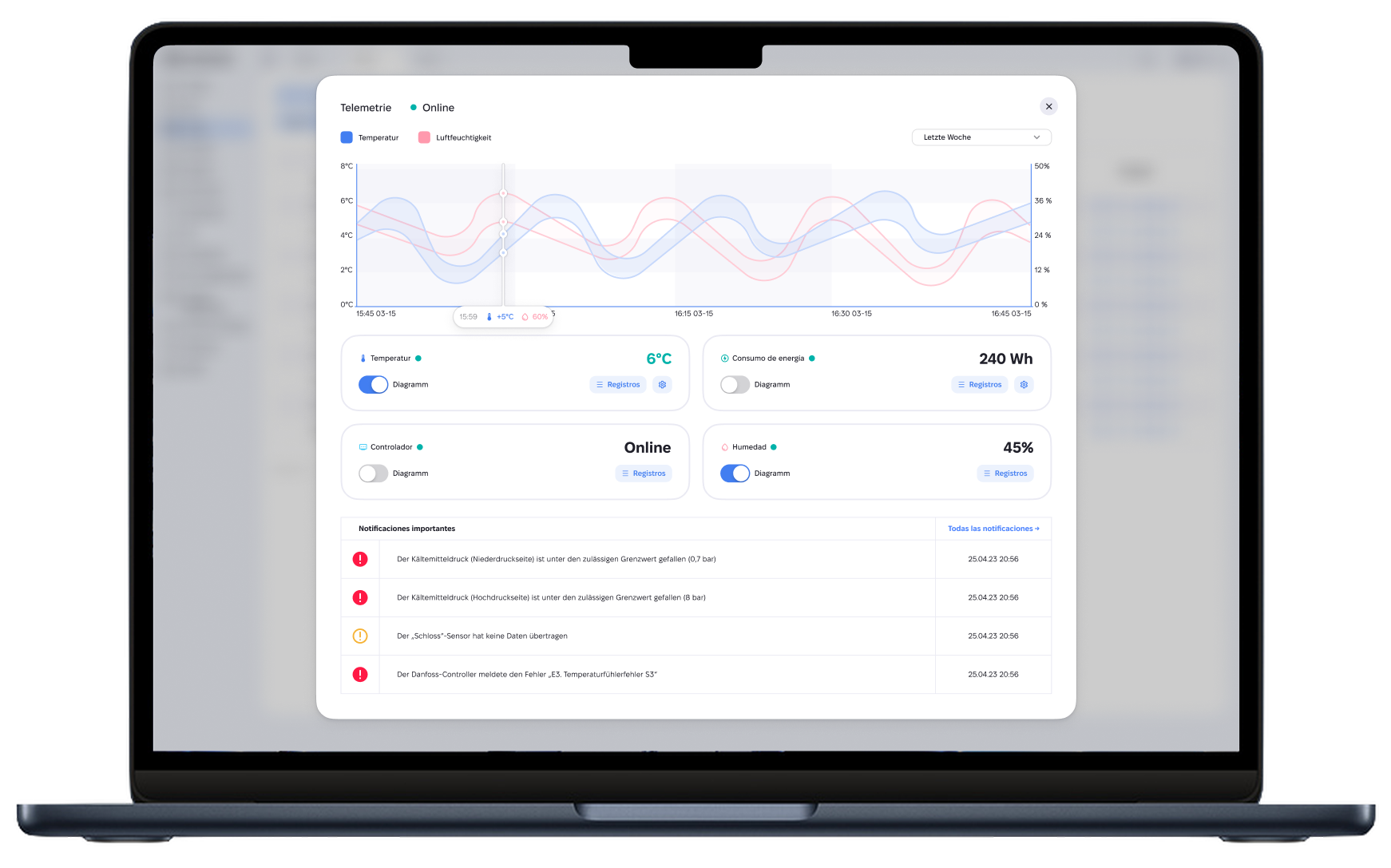 Telemetry control panel on laptop screen